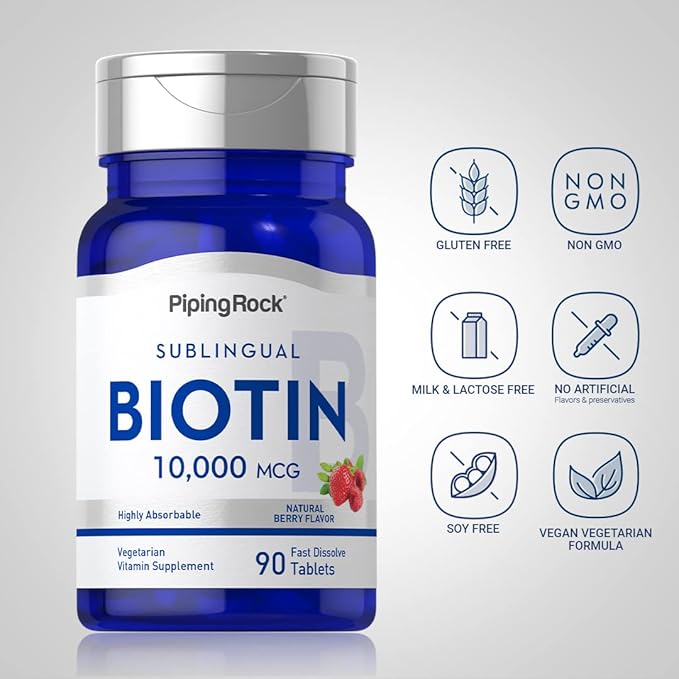 Piping Rock Biotin 10000mcg | 90 Berry Flavor Tablets | Max Strength and Highly Absorbable | Fast Dissolve | Sublingual, Vegetarian, Non-GMO, Gluten Free Supplement