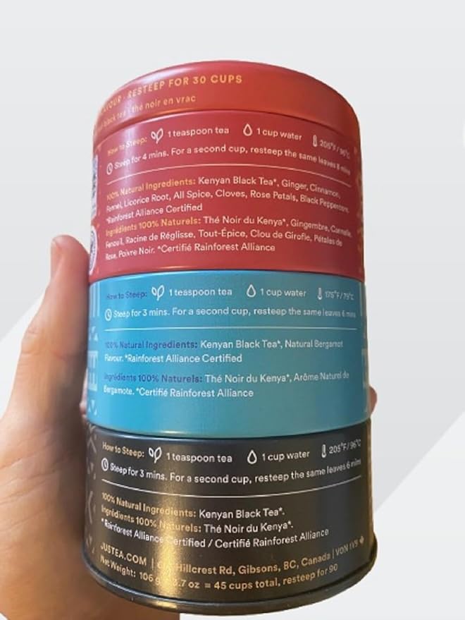 JusTea Black Tea Trio | Stacking Tins Variety Pack with Hand Carved Tea Spoon | Loose Leaf Tea | High Caffeine | Award-Winning | Fair Trade | Non-GMO