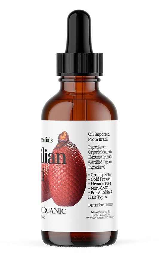 Sweet Essentials 100% Organic Buriti (Aguaje) Fruit Oil | Imported From Brazil | 2oz Glass Bottle With Glass Dropper | 100% Pure | Cold-Pressed | Natural Moisturizer for Skin, Hair and Face