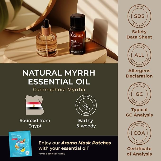 Gya Labs Myrrh Essential Oil for Skin - 0.34 Fl Oz - 100% Pure Natural Myrrh Oil for Diffuser, Face, Hair, Candle Making & Massages - Calming and Tranquil, Earthy Grounding Scent