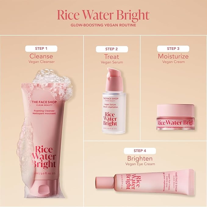 The Face Shop Rice Water Bright Vegan Serum - Targets Uneven Skin Tone & Dryness, Brightening, Nourishing, Hydrating - Rice Water, Hyaluronic Acid, Niacinamide - Korean Skin Care