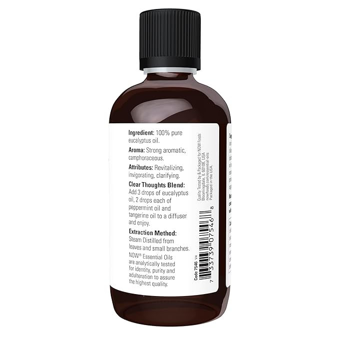 NOW Essential Oils, Eucalyptus Oil, Clarifying Aromatherapy Scent, Steam Distilled, 100% Pure, Vegan, Child Resistant Cap, 4-Ounce