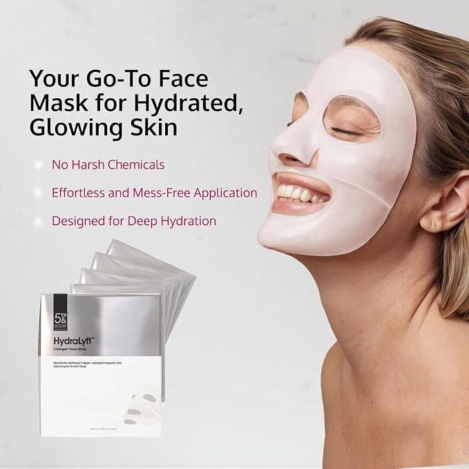 5th & Glow HydraLyft - Collagen Face Mask - Collagen Hydrogel Mask with Hyaluronic Acid & Niacinamide - Deep Hydration, Anti-Aging & Firming Collagen Mask for a Youthful, Glass Skin Glow - 4 Sheets