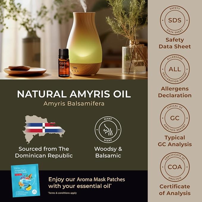 Gya Labs Amyris Essential Oil for Skin - 0.34 Fl Oz - 100% Pure Natural Amyris Oil for Diffuser, Massage, Aromatherapy & Candles Making - Warm Earthy & Woody Scent