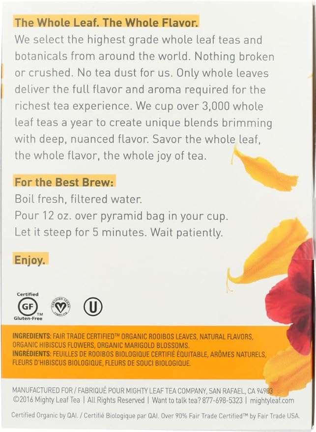 Mighty Leaf Herbal Tea, Organic African Nectar, Rooibos Blend with Sweet and Fruity Notes, 15 Silk Bags (Pack of 3)