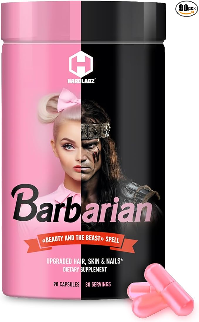 Barbarian ā Extra Strength Unisex Collagen Peptides for Healthy Hair, Skin, Nails; Joints and Bones Support; Upgraded with Hyaluronic Acid, Biotin, Chondroitin and Vitamin C, 90 Capsules