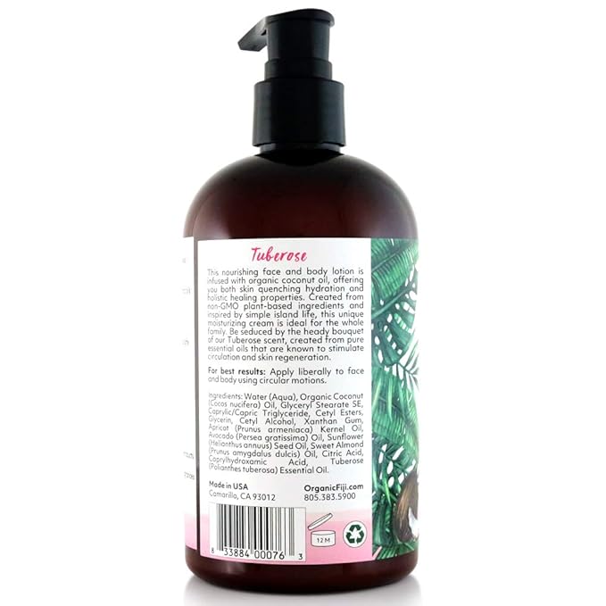 Coco Fiji Face & Body Lotion Infused With Coconut Oil | Lotion for Dry Skin | Moisturizer Face Cream & Massage Lotion for Women & Men | Tuberose 12 oz, Pack of 1