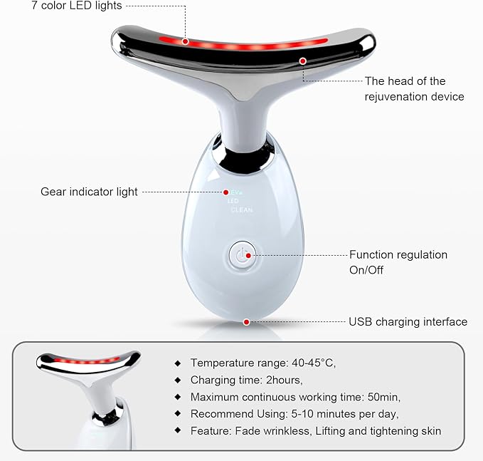 Face and Neck Massager,7 Color Multifunctional Facial Skin Care Tools, Led Face and Neck Beauty Device for Home Use