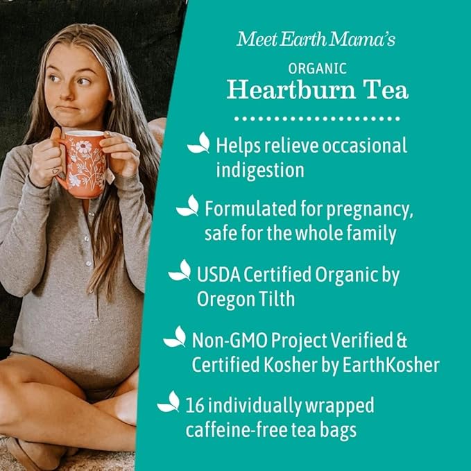 Earth Mama Organic Heartburn Tea | Pregnancy-Safe Soothing Herbal Blend with Marshmallow Root, Lemon Balm & Chamomile, 16 Teabags Per Box (2-Pack)