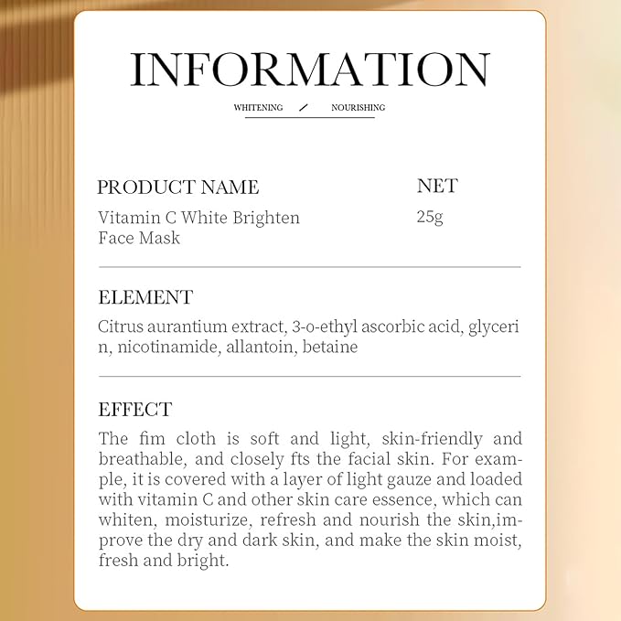 BIOAQUA Vitamin C Facial White Face Mask Orange Extract Moisturizing Hydrating 10x Antioxidant 5x25g/0.88fl.oz