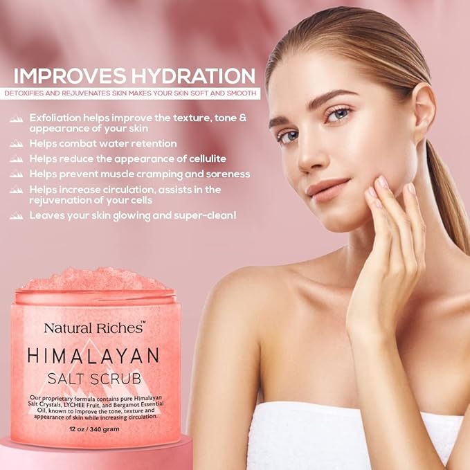 Natural Riches Himalayan Salt Exfoliating Body Scrub Lychee Bergamot Essential oil with Vitamin C - (12 Oz / 340 gm) Moisturize Deep Cleansing foot scrub body skin exfoliator