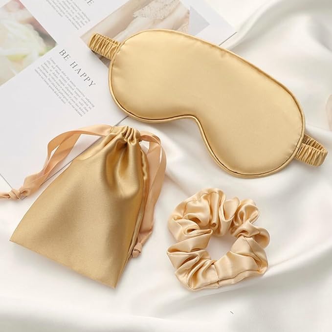 Silk Satin Sleeping Eye Mask, Gold Sleep Eye Mask Night Blindfold for Women and Men, Soft Breathable Blackout Eyeshade Eye Cover for Travel, Wedding Bridesmaid Gift