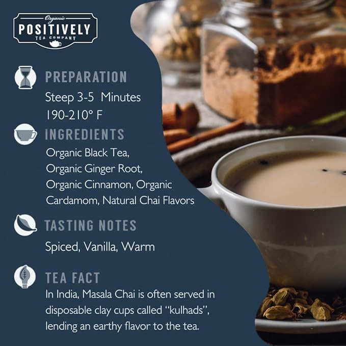 Organic Positively Tea Company, Masala Chai Black Tea Bags, 100 Count, Eco-Friendly Tea Bags, Non-GMO