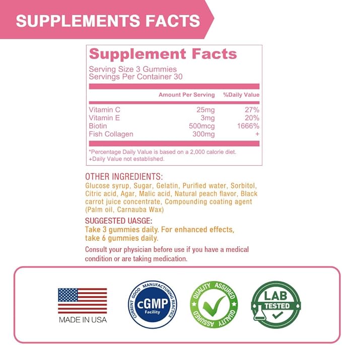Lovita Marine Collagen Gummy with Biotin, Vitamin C & E | Type I Collagen for Skin Health | Peach Flavor | 90 Gummies