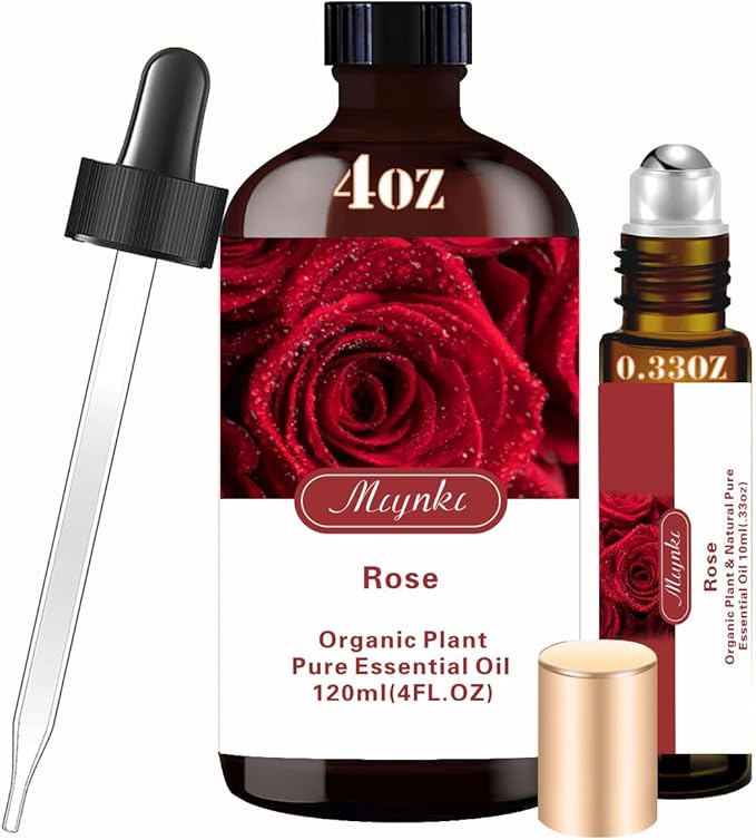 4 Fl Oz/120 ml Rose Essential Oil, Send Gift Roll-on (10 ml) - 100% Natural, Aromatherapy, Diffuser, Massage, Yoga, DIY Soap and Candle Making - Home Fragrance, Fragrance Oils, Spa Skin Care