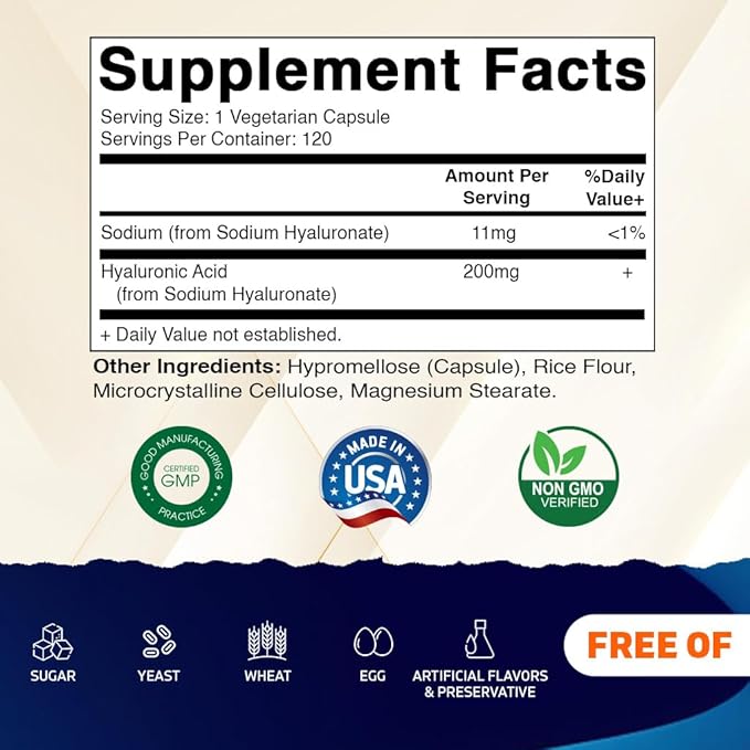 Vitamatic Hyaluronic Acid Supplements 200mg - Supports Healthy Connective Tissue and Joints - Promote Youthful Healthy Skin - 120 Capsules