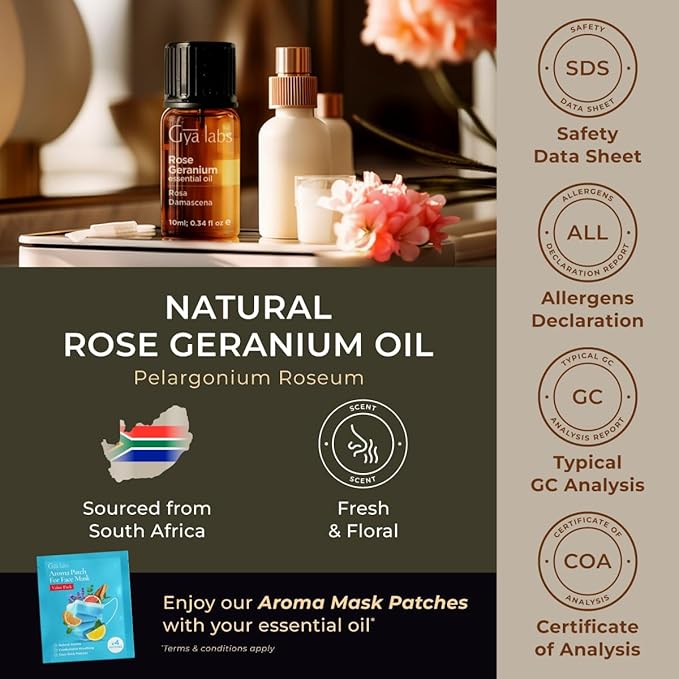Gya Labs Rose Geranium Essential Oil for Skin - 0.34 Fl Oz - 100% Pure Natural Rose Geranium Oil for Diffuser, Aromatherapy Self-Care & Candle Making - Freshly Floral Scent