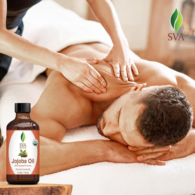 SVA Jojoba Seed Oil Organic - 4 Fl Oz – 100% Natural Cold Pressed Organic Jojoba Oil - for Face, Skin Care, Hair Care, Scalp Massage & Body Massage – Carrier Oil with Dropper
