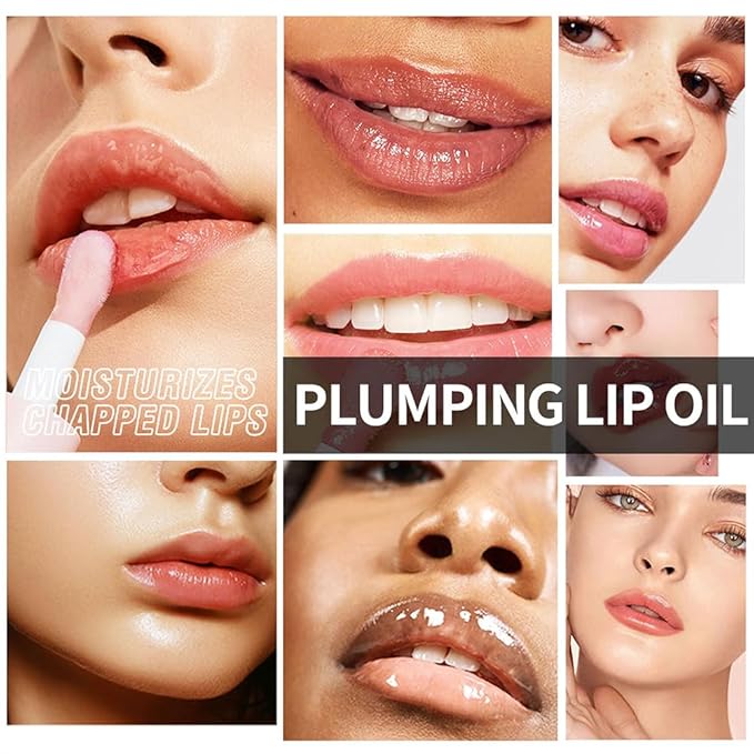 Plumping Lip Oil, Hydrating Gloss Tinted Lip Balm Transparent Lip Care, Big Brush Head Glitter Shine, Long Lasting Nourishing Non-sticky Fresh Texture(PINK)