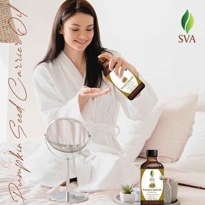 SVA Pumpkin Seed Oil Organic - 4 Fl Oz – 100% Natural Cold Pressed Organic Pumpkin oil - for Face, Skin Care, Hair Care, Scalp Massage & Body Massage – Carrier Oil with Dropper