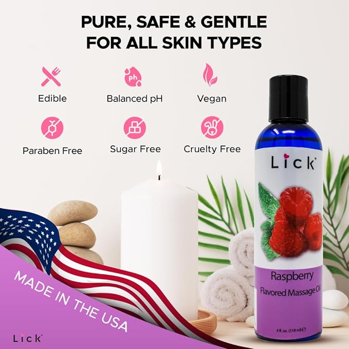 Lick Raspberry Flavored Muscle Massage Oil for Massage Therapy - Natural Oil with Almond and Coconut Essential Oils - Multipurpose Aromatic Absorption Full Body Massage Oil - 4 fl. oz.