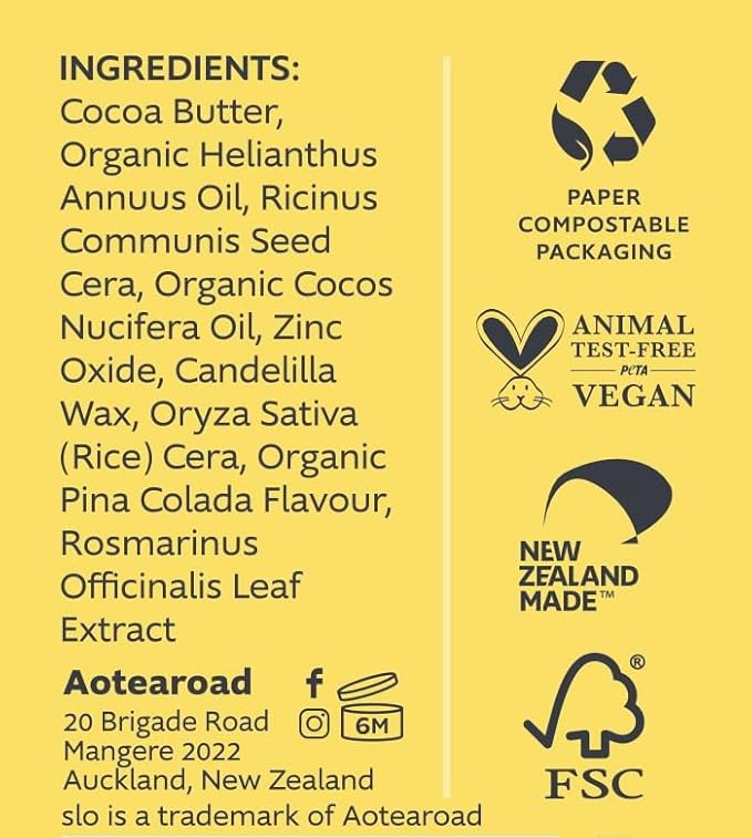 Slo | Natural Moisturising Stick - All Natural Ingredients, Vegan & Cruelty Free, Hydrating, Plastic Free, Paper Packaging | Pina Colada + Zinc, (2.11oz/60g)