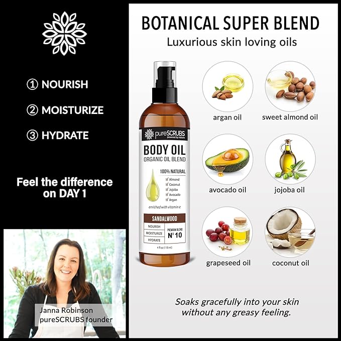 pureSCRUBS Ultra Moisturizing Sandalwood Body Oil Spray For Dry Skin, Massage, Cuticles & More, Organic Blend of Jojoba, Argan, Coconut, Sweet Almond & Avocado Oils Enriched with Vitamin E, Lg 4oz