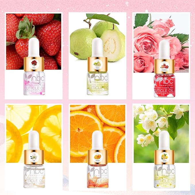 Cuticle Oil Set - 6pcs with Flowers, Vitamin E for Nail Repair & Strengthening