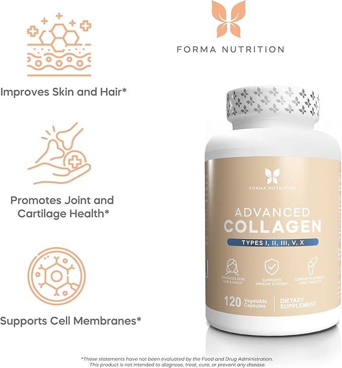 Multi-Collagen Peptides + Hyaluronic Acid β Type I II III V X β Skin, Hair & Joint Support β 120 Capsules.