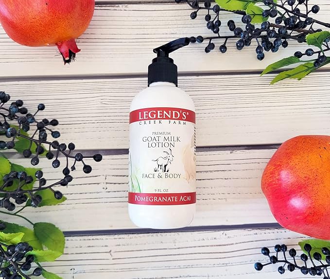 Legend's Creek Farm Goat Milk Lotion - Moisturizing Goat Milk Body Lotion for Body, Hand & Face - 9 oz Body Moisturizer with Shea Butter, Sunflower Oil, Aloe, Handmade in USA (Pomegranate Acai L.)