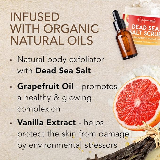 O Naturals Exfoliating Dead Sea Salt Grapefruit Essential Oil Face Body & Foot Scrub. w/Vanilla &. Hydrating Exfoliate Dead Skin, Men & Women Scrub 18oz