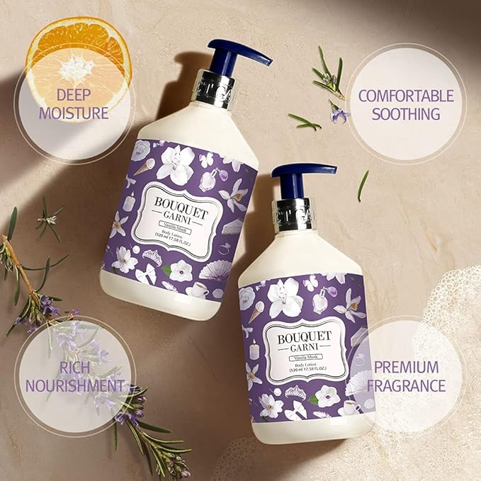 Bouquet Garni Body Lotion Vanilla Musk Fragrance - Long-lasting Moisture & Fragrance, Non Sticky Texture (Containing Shea Butter Rich in Vitamin A, C, E) - 17.6 oz
