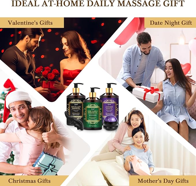 3 Pack Massage Oil for Massage Therapy, Lavender Massage Oils for Date Night, Sore Muscle Arnica Oil & Cellulite Massage Oil, Relaxing Massage Kit, Spa Gifts for Him Her