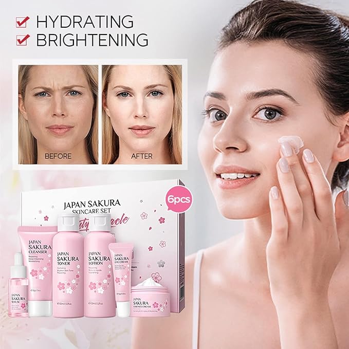 Skin Daily Skincare Set,Gentle Korean Skin Care Set,Skin Care Routine Kit for Women Gift Sets Includes Cleanser,Toner,Lotion,Serum,Eye Serum,Essence Cream Sakura Beauty Products (SetA)