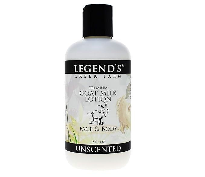 Legend's Creek Farm Goat Milk Lotion - Moisturizing Goat Milk Body Lotion for Body, Hand & Face - 9 oz Body Moisturizer with Shea Butter, Sunflower Oil, Aloe, Handmade in USA (Unscented L.)