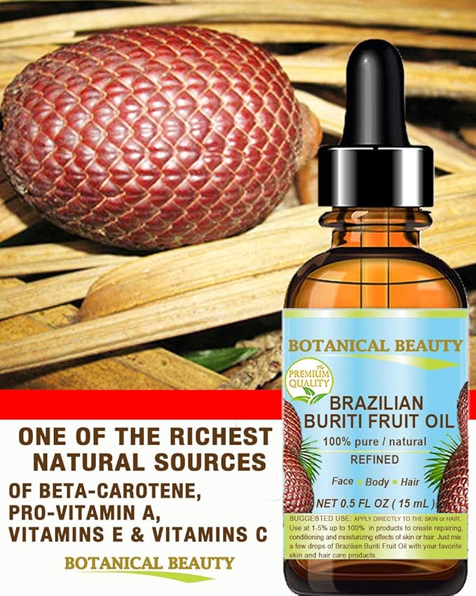Botanical Beauty Brazilian BURITI FRUIT OIL 100% Pure Natural Refined Cold Pressed Carrier Oil Undiluted 1 fl.oz- 30 ml for Face, Skin, Body, Hair, Nails