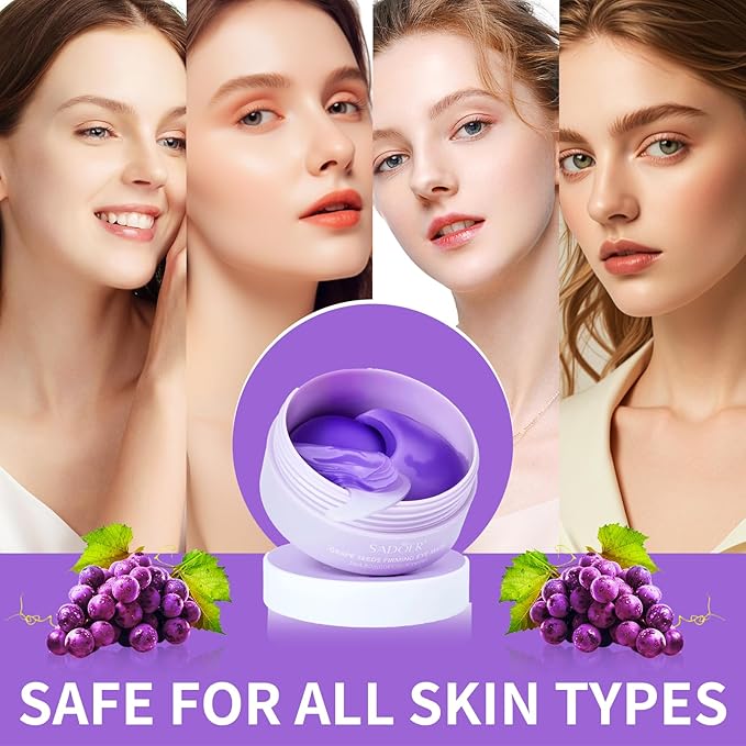 Under Eye Patches,Natural Hydrating Eye Patches with Grape Extracts to Relieve Puffy Eyes & Dark Circles (60 Pcs), Rich in Collagen for Anti-wrinkle, Fine Line Reduction & Moisturization