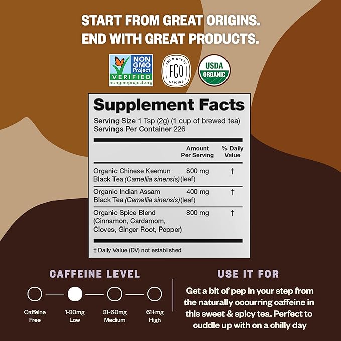 FGO Organic Chai Tea, 16 Ounce Loose Leaf Bulk Resealable Bag, Packaging May Vary (Pack of 1)