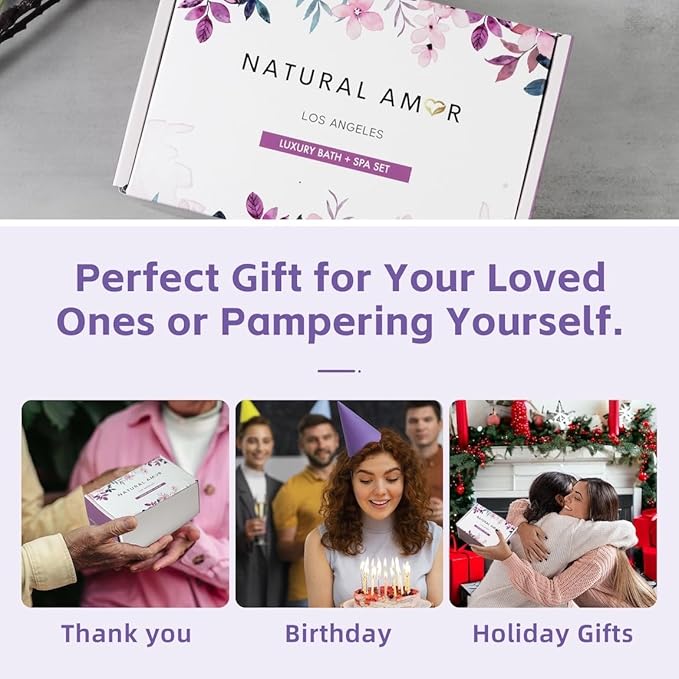 Rose Bath Spa Gift for Women,Handmade Spa gift for her, 5pc Bath & Body Gift Including Soap Bar, Hand Cream, Bath Salt, Soap Saver, Bath Bomb,Self Care Package by Natural Amor