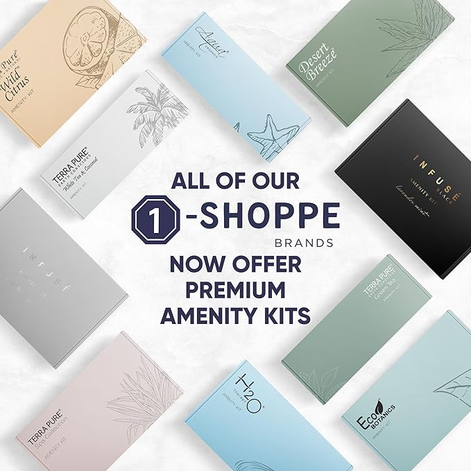 Infuse Black Amenity & Accessory Kit | 1 oz Travel Size Shampoo, Conditioner, Lotion, Body Wash, Body Bar, 2 Cleansing Bar, Shave & Dental Sets, Make-Up Remover Wipes, & Vanity Kit | 60 sets per case