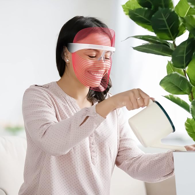 L E D Face Mask Light Therapy, 7 Colors L E D Light Therapy Mask, Red & Blue Light Therapy for Face, Light Mask for Skin Care, Portable Rechargeable