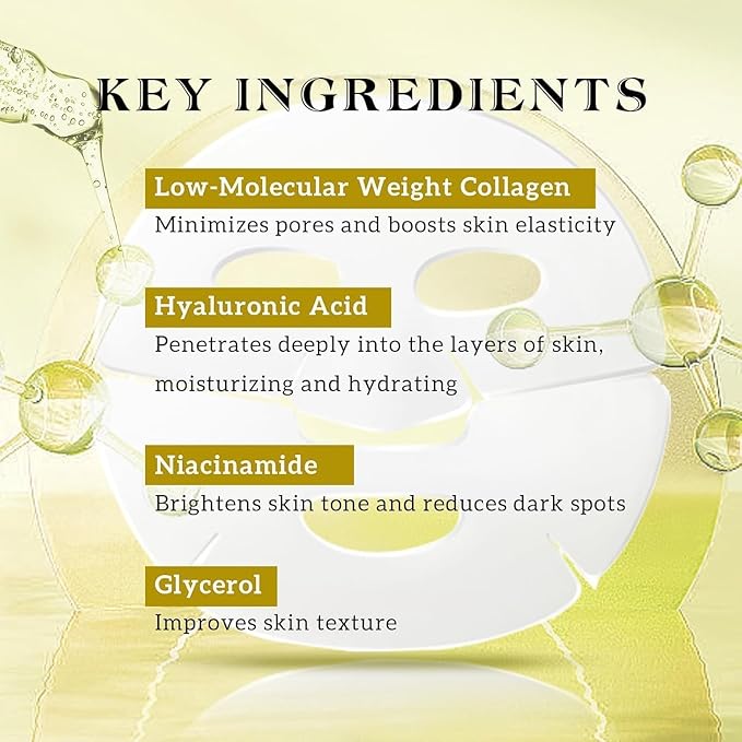 Bio-Collagen Overnight Collagen Face Mask, Deep Collagen Anti-Wrinkle Lifting Glass Glow Face Mask for Moisturizing, Firming, Glowing Skin Care, Bio Collagen Sheet Mask for All Skin Types, 8 Packs