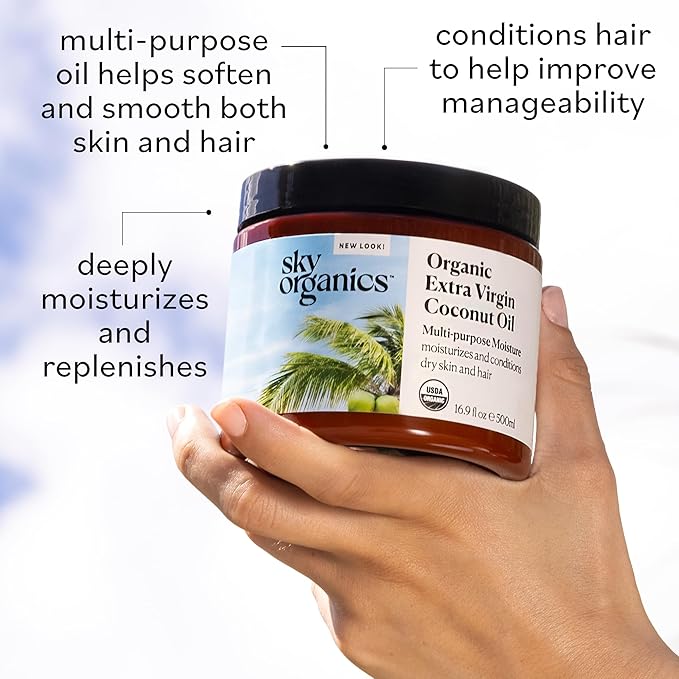 Sky Organics - Organic Extra Virgin Coconut Oil for Skin & Hair, 16.9 fl oz - Multipurpose Hair Oil & Body Moisturizer - Vitamins, Antioxidants & Fatty Acids - Vegan, Cruelty Free - w ebook