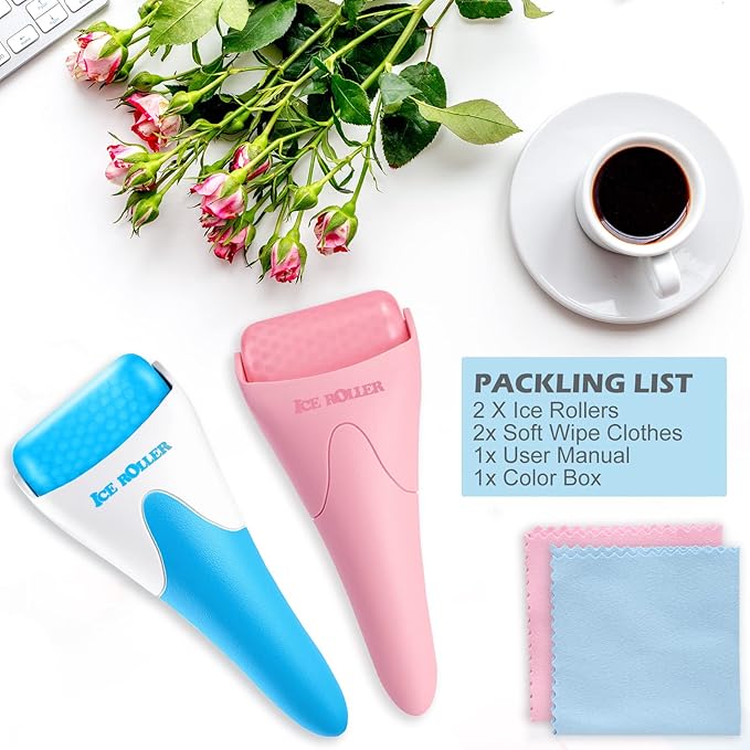 Ice Rollers, 2 Packs Self Care Tools for Reduces Puffiness, Migraine Pain Relief and Energizes Skin, Ideal Gift for Women and Suit for All Skin Types(Blue+Pink)