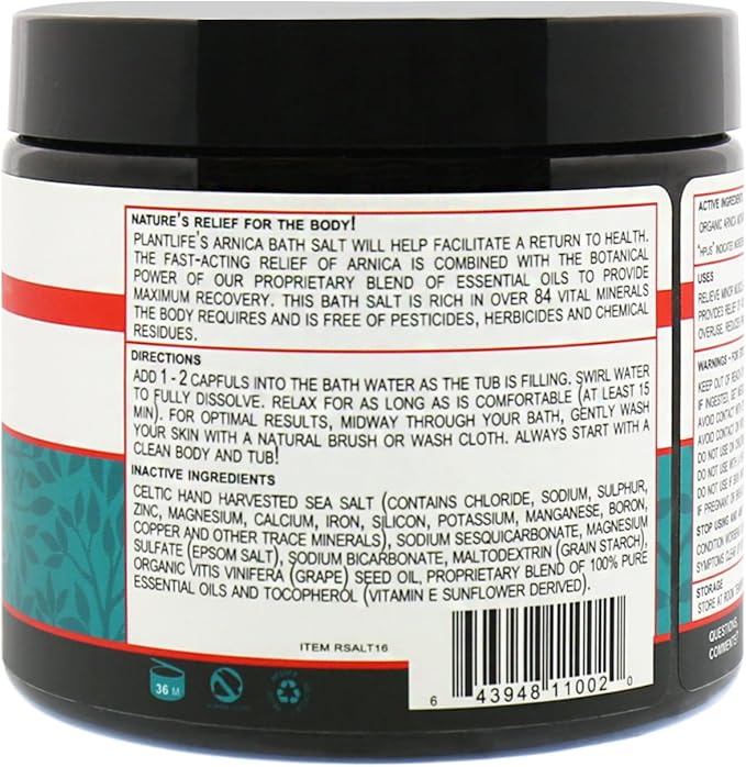 Plantlife Arnica Relieve Mineral Bath Salts - Made with Arnica and 100% Pure Essential Oils - Relieve Products are a Homeopathic Solution for Everyday Use - Works Quickly and Effectively