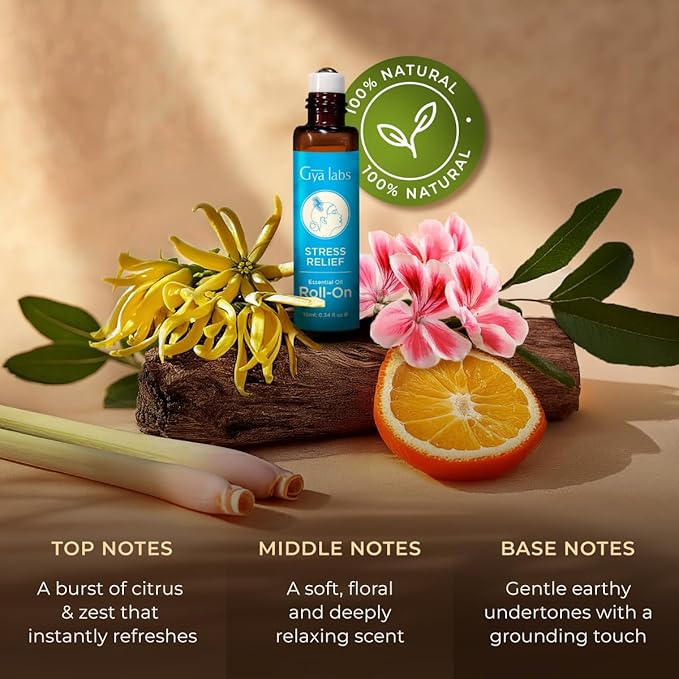 Gya Labs Stress Relief Essential Oil Roll on - Relaxing Gifts for Women & Men, 100% Pure Natural Essential Oil Roller, Blend with Ylang Ylang, Orange, Geranium & Lemongrass, Travel Size (0.34 Fl Oz)