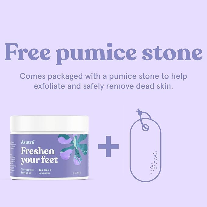 ASUTRA Invigorating and Therapeutic Foot Soak + Pedicure Pumice Stone (Dead Sea Salt w/Tea Tree & Lavender Oils), 16 oz - Helps to Soften Calluses, Corns, and Cracked Feet