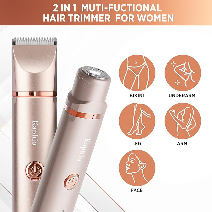 Electric Bikini Trimer Shaver Women: 2 in 1 IPX7 Waterproof Wet & Dry Use Body Hair Trimmer and Facial Hair Remover - Rechargeable Hair Removal Kit for Bikini Underarm Leg Arm Body Face