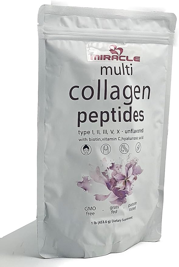 Miracle Multi Collagen Protein Powder, 1 Pound β Types I, II, III, V, X with Biotin, Hyaluronic Acid, Vitamin C β Unflavored Collagen Peptides β Keto & Paleo