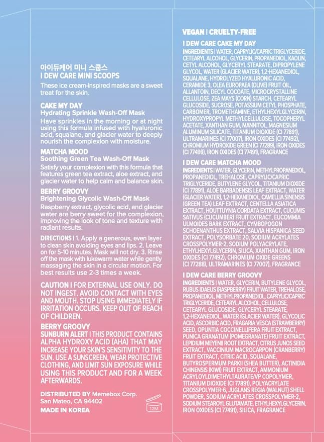 I DEW CARE Wash Off Face Mask Gift Set - Mini Scoops | Hyaluronic Acid, Korean Self Skincare, Facial Treatment, Vegan, Cruelty-Free, Paraben-Free, Exfoliating, Soothing, Mother's Day Gift